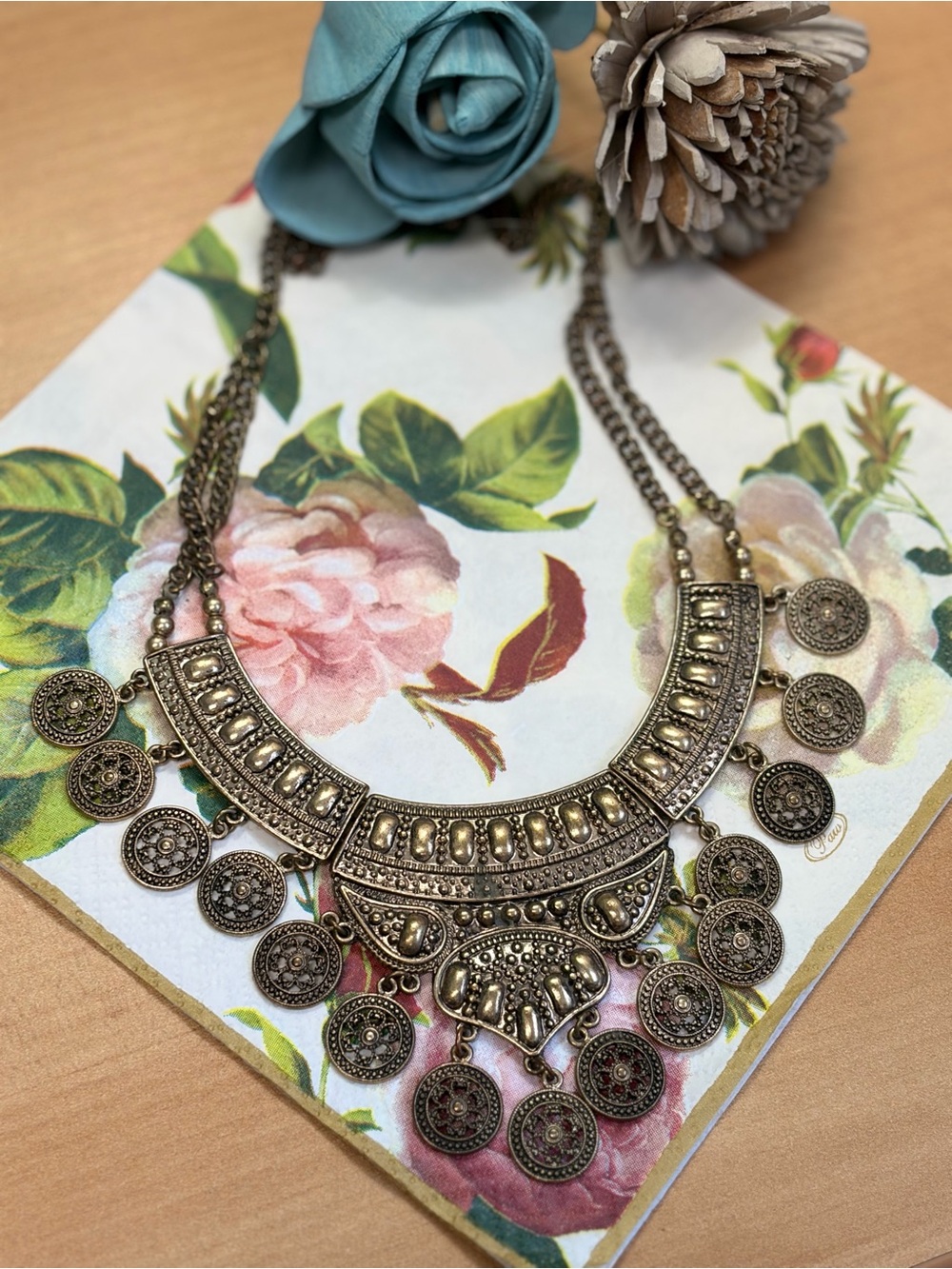 Boho, tribal, Antique-Style Bib Necklace in Aged Brass with coin charms